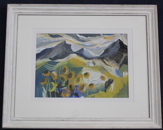 Harry Stevens (1919-2008) Mountain landscape with sunflowers, 9.5 x 13.5in.